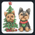 Christmas Yorkie Dogs Quadratischer Aufkleber<br><div class="desc">Niedliche Darstellung der Yorkshire Terrier Hunde,  die Weihnachts bereit sind. Ideal für Hundeliebhaber und Hundeeltern während der Ferienzeit.</div>