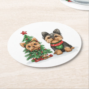 Christmas Yorkie Dogs Runder Pappuntersetzer