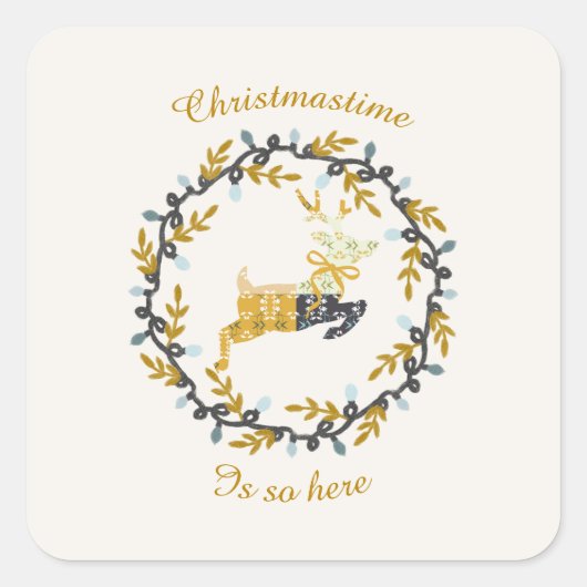 Christmastime Deer & Wreath Yellow Cream        Quadratischer Aufkleber (Vorderseite)