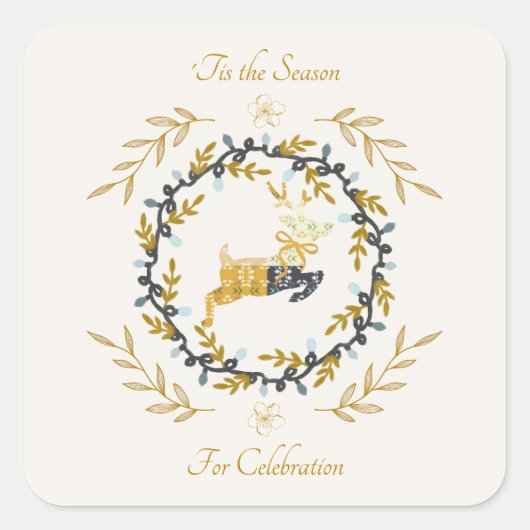 Christmastime Deer Yellow Cream Celebrate Quadratischer Aufkleber (Vorderseite)