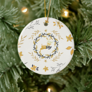 Christmastime Deer Yellow Cream Floral Keramik Ornament