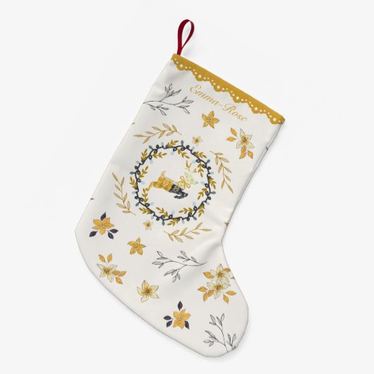 Christmastime Deer Yellow Cream Floral Kleiner Weihnachtsstrumpf (Vorderansicht (hängend))