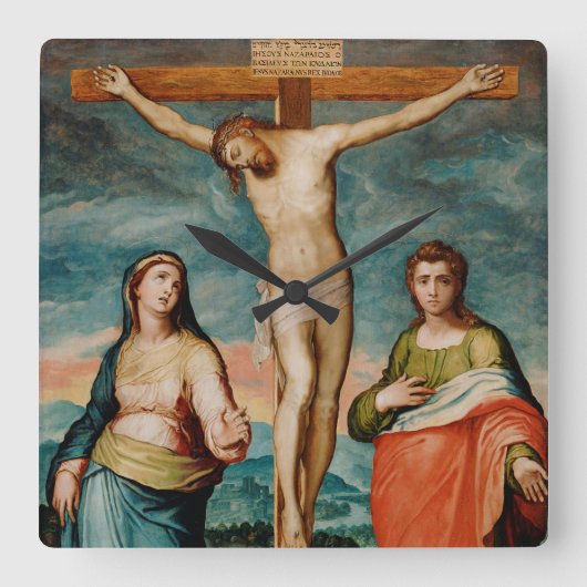 Christus am Kreuz mit Heiligen Quadratische Wanduhr (Vorderseite)