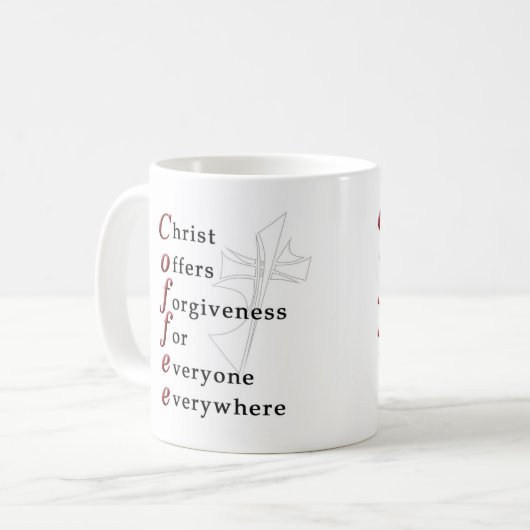 Christus bietet Verzeihen für jeder überall an Kaffeetasse (Vorderseite Links)