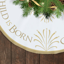 Christus ist Geboren Weihnachten | Weiß/Gold | Polyester Weihnachtsbaumdecke