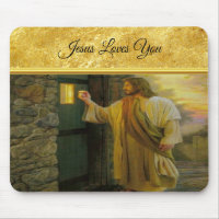 Christus klopft an einer verwitterten Holztür Gold