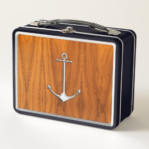 Chrom Anchor auf Teak Veneer Nautic Lifestyle Metall Brotdose