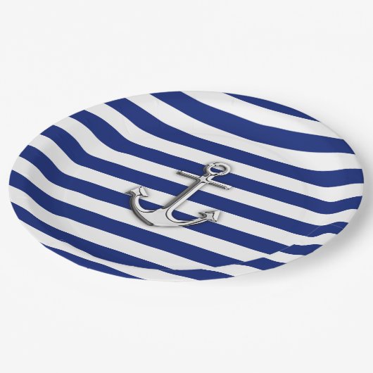 Chrom-Anker auf Seemarine-blaue Streifen-Druck Pappteller (Schrägansicht)