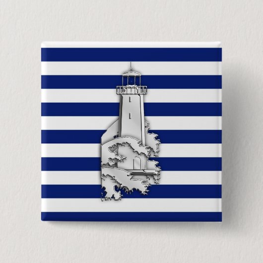 Chrom-Art-Leuchtturm auf blauen Seestreifen Button (Vorderseite)