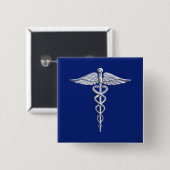 Chrom mag Caduceus-medizinisches Symbol auf blauem Button (Vorne & Hinten)