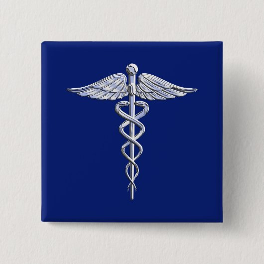 Chrom mag Caduceus-medizinisches Symbol auf blauem Button (Vorderseite)