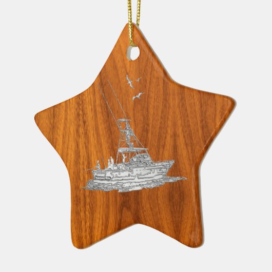 Chrom mag Fischerboot auf Teakholz-Holz Keramik Ornament (Links)