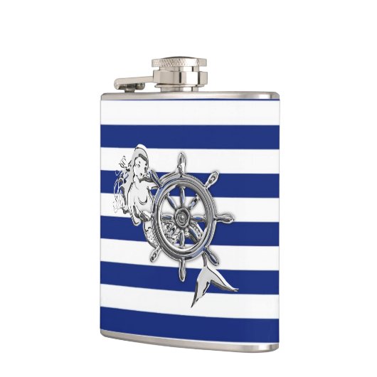 Chrom-Meerjungfrau auf Marine-Streifen Flachmann (Links)