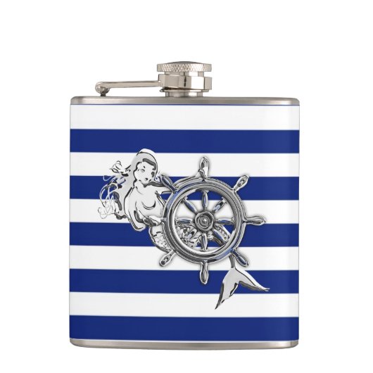 Chrom-Meerjungfrau auf Marine-Streifen Flachmann (Vorderseite)