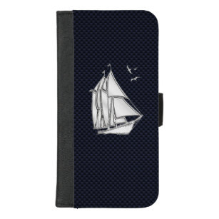 Chrom Nautical Sail Boat Print Navy Carbon Fibre iPhone 8/7 Plus Geldbeutel-Hülle