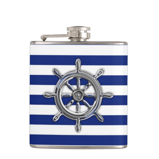 Chrom Nautical Wheel auf Navy Stripes Flachmann (Vorderseite)