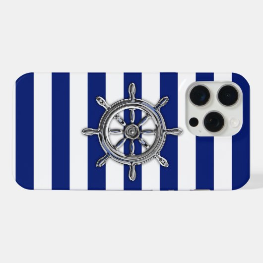 Chrom Nautical Wheel auf Navy Stripes iPhone Hülle (Rückseite (Horizontal))