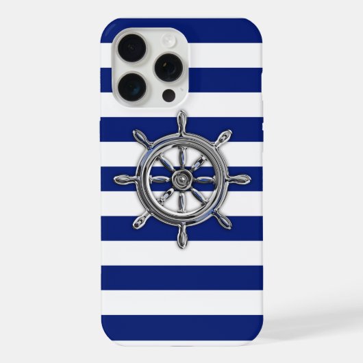 Chrom Nautical Wheel auf Navy Stripes iPhone Hülle (Rückseite)