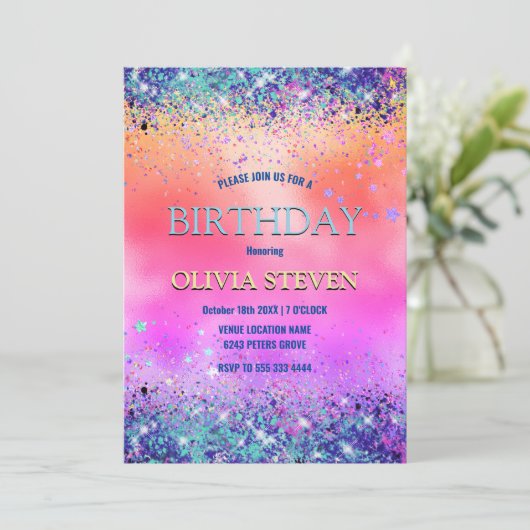 Chrom-orange-rosa-irisierende Imitate Glitzer Mono Einladung (Stehend Vorderseite)