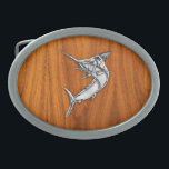 Chrom-Speerfisch auf Teakholz-Holz Ovale Gürtelschnalle<br><div class="desc">Ein silbernes Chrom wie Speerfischfische applique Entwurfsdekor. Ein anzügliches modernes Seegeschenk. Ist hier eine Auswahl der feinen kundenspezifischen lässigen gestickten Baseballmützen; in einer Seeart können Sie leicht personifizieren, um sie so einzigartig zu machen, wie Sie sind. Verwenden Sie die Verbindung "fragen dieses Designers", um mit uns mit Ihren speziellen Entwurfsanträgen...</div>