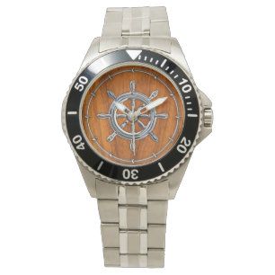 Chrom Style Nautical Wheel auf Teak Veneer Armbanduhr