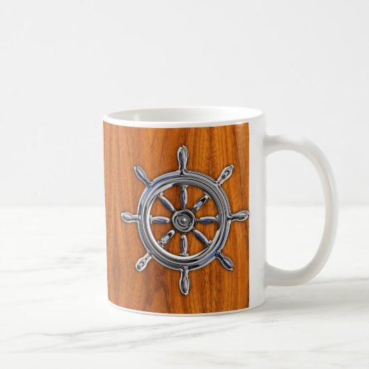 Chrom Style Nautical Wheel auf Teak Veneer Kaffeetasse (Rechts)