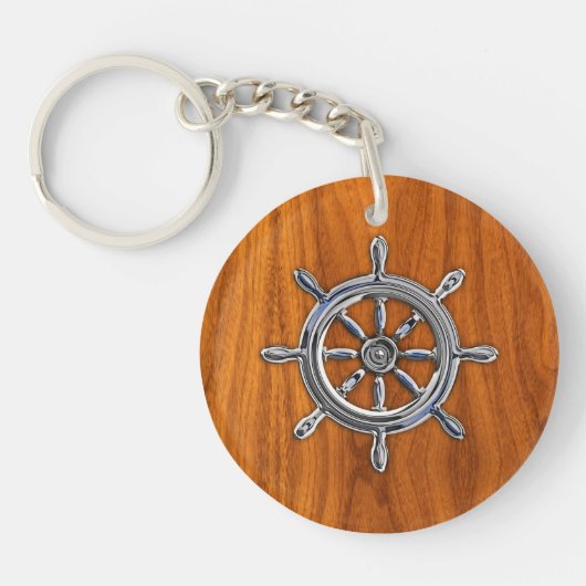Chrom Style Nautical Wheel auf Teak Veneer Schlüsselanhänger (Vorderseite)