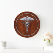 Chrom wie Caduceus Medical Symbol Mahogany Dekor Große Wanduhr (Zuhause)
