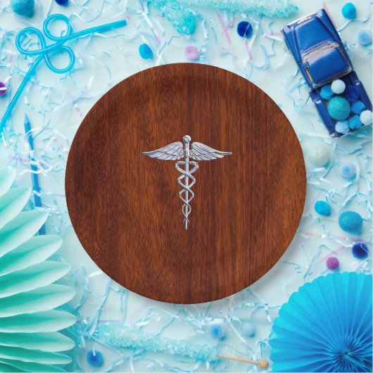 Chrom wie Caduceus Medical Symbol Mahogany Print Pappteller (Party)