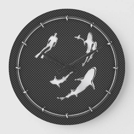 Chrom wie Diver mit Haie auf Kohlenstofffaser Große Wanduhr (Vorderseite)