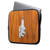 Chromähnlicher Leuchtturm auf Teakholz Laptopschutzhülle (Vorderseite Links)