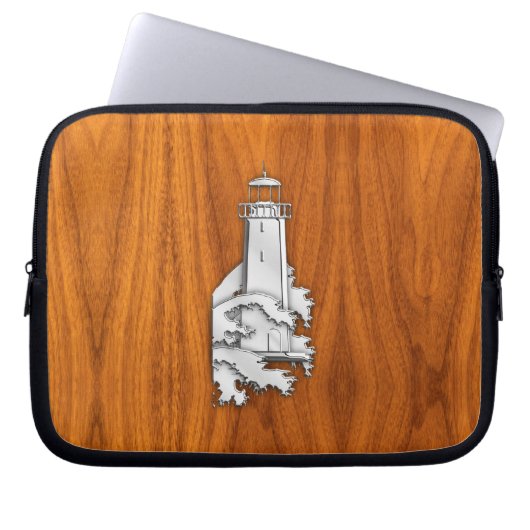 Chromähnlicher Leuchtturm auf Teakholz Laptopschutzhülle (Vorderseite)