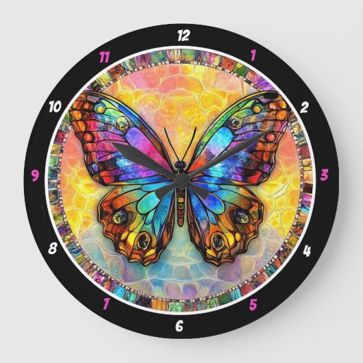 Chromatic Flutter" - Mosaik Butterfly Große Wanduhr (Vorderseite)