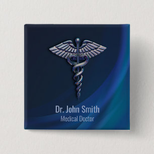 Chrome 3D Medical Dark Holographic Caduceus Button
