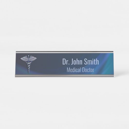 Chrome 3D Medical Dark Holographic Caduceus Schreibtischnamensplakette (Vorderseite )