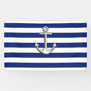 Chrome Anchor auf Nautical Navy Blue Stripes Print Banner