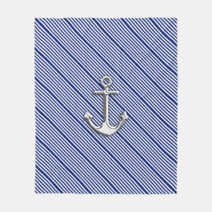 Chrome Anchor auf Nautical Navy Blue Stripes Print Fleecedecke