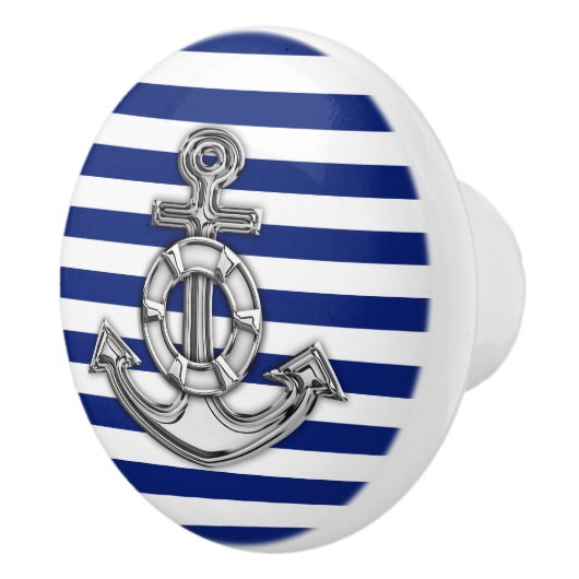 Chrome Anchor auf Nautical Navy Blue Stripes Print Keramikknauf (Rechts)