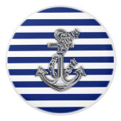 Chrome Anchor auf Nautical Navy Blue Stripes Print Keramikknauf (Vorderseite)