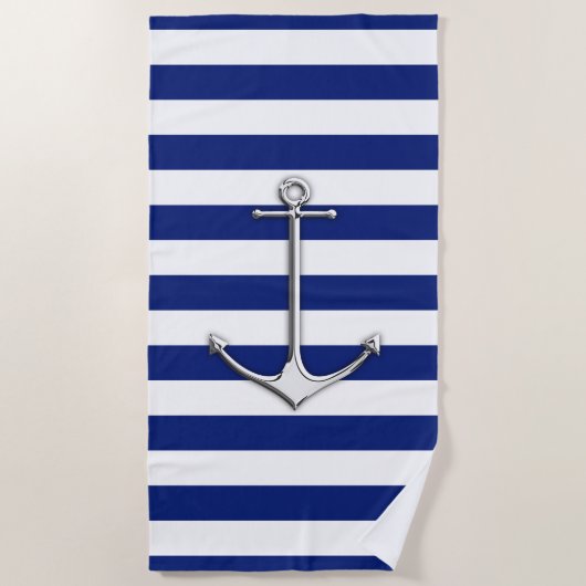 Chrome Anchor auf Nautical Navy Blue Stripes Print Strandtuch (Vorderseite)