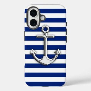 Chrome Anchor auf Navy Blue Stripes Decke iPhone 16 Hülle