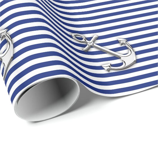 Chrome Anchor auf Navy Stripes Decke Geschenkpapier (Rolleneckpunkt)