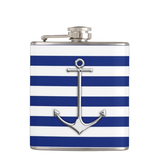 Chrome Anchor auf Navy Stripes Flachmann (Vorderseite)
