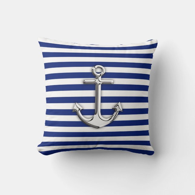 Chrome Anchor auf Navy Stripes Kissen (Vorderseite)