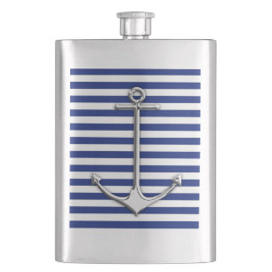 Chrome Anchor Nautical on Navy Stripes Print Flachmann