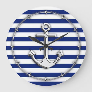 Chrome Anchor on Navy Stripes Große Wanduhr