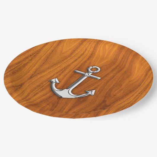 Chrome Anchor on Teak Veneer Style Pappteller (Schrägansicht)