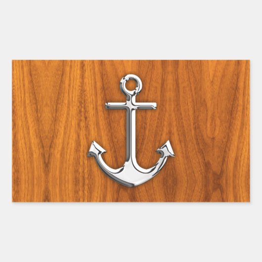 Chrome Anchor on Teak Veneer Style Rechteckiger Aufkleber (Vorderseite)