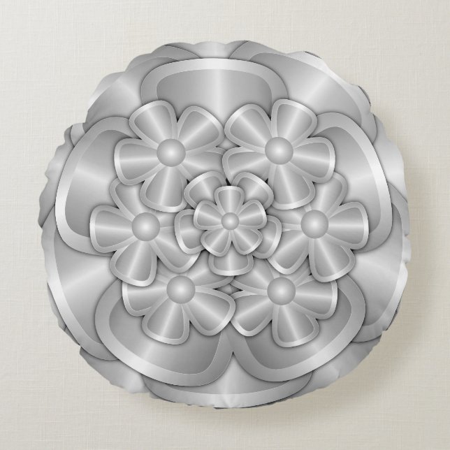 Chrome-Blume - Silver Round Pillow Rundes Kissen (Vorderseite)