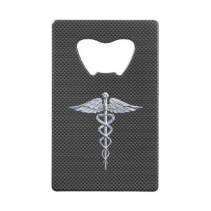 Chrome Caduceus Medical Symbol Black Carbon Fibre Kreditkartenflaschenöffner